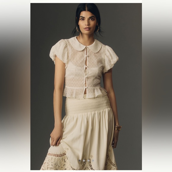 Anthropologie Tops - Anthropologie • Collared Puff-Sleeve Lace Blouse